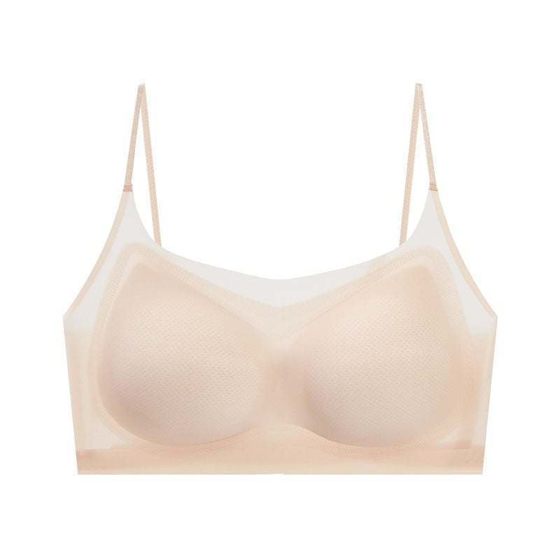 Roupa íntima ultrafina de seda gelada sem costura para mulheres com seios grandes, costas pequenas e bonitas, sem argola de aço, anti-flacidez, sutiã sem alças respirável para mulheres
